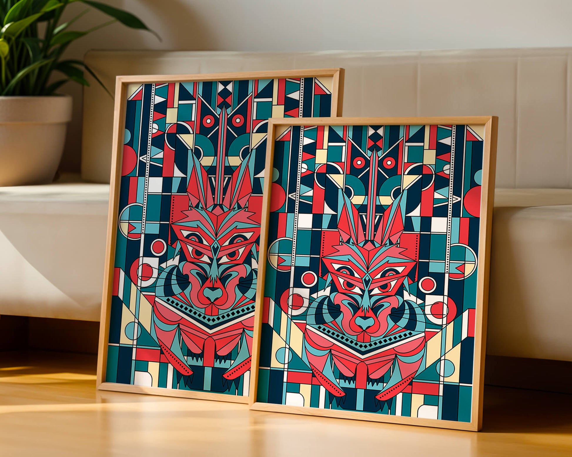 Arte abstracto geométrico de lobo con influencias tribales