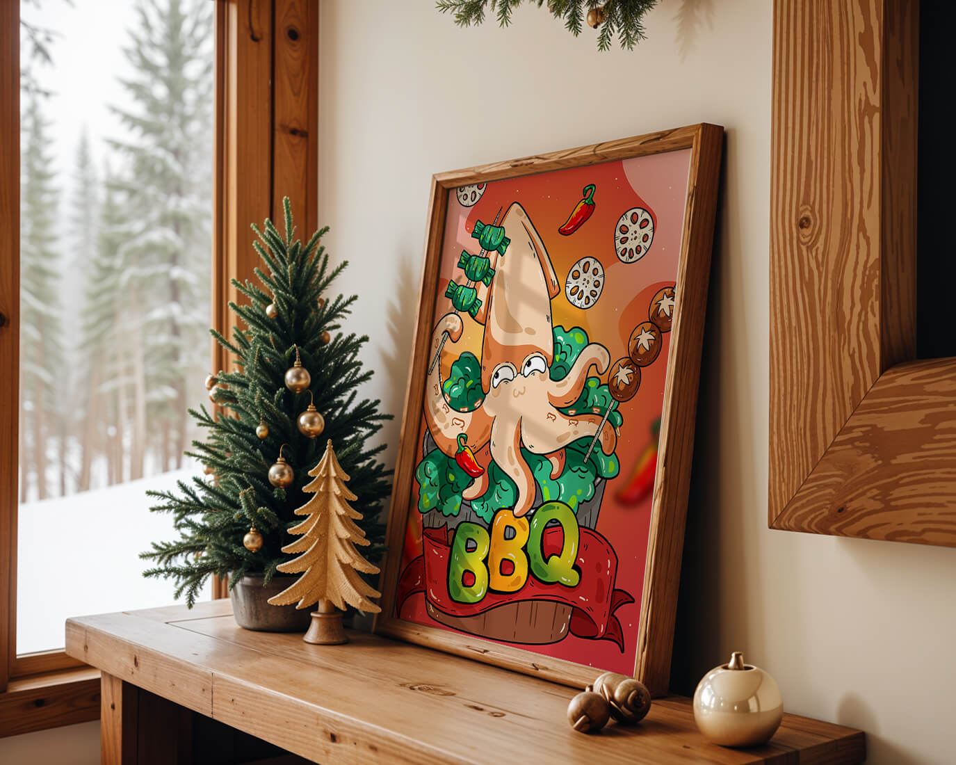 Quirky Cartoon Squid BBQ with Vegetables