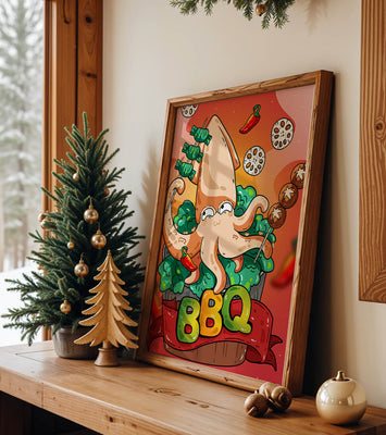 Quirky Cartoon Squid BBQ with Vegetables
