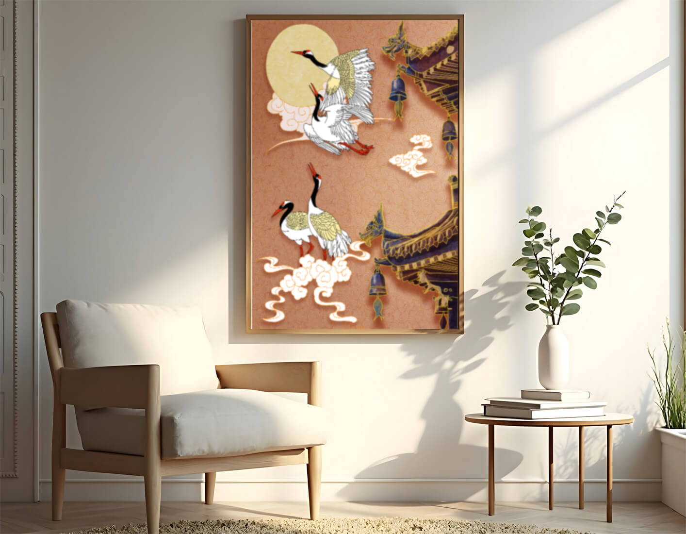 Oriental crane art with golden accents and architectural design
