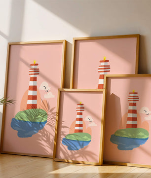 Ilustración encantadora de un faro con un entorno costero tranquilo