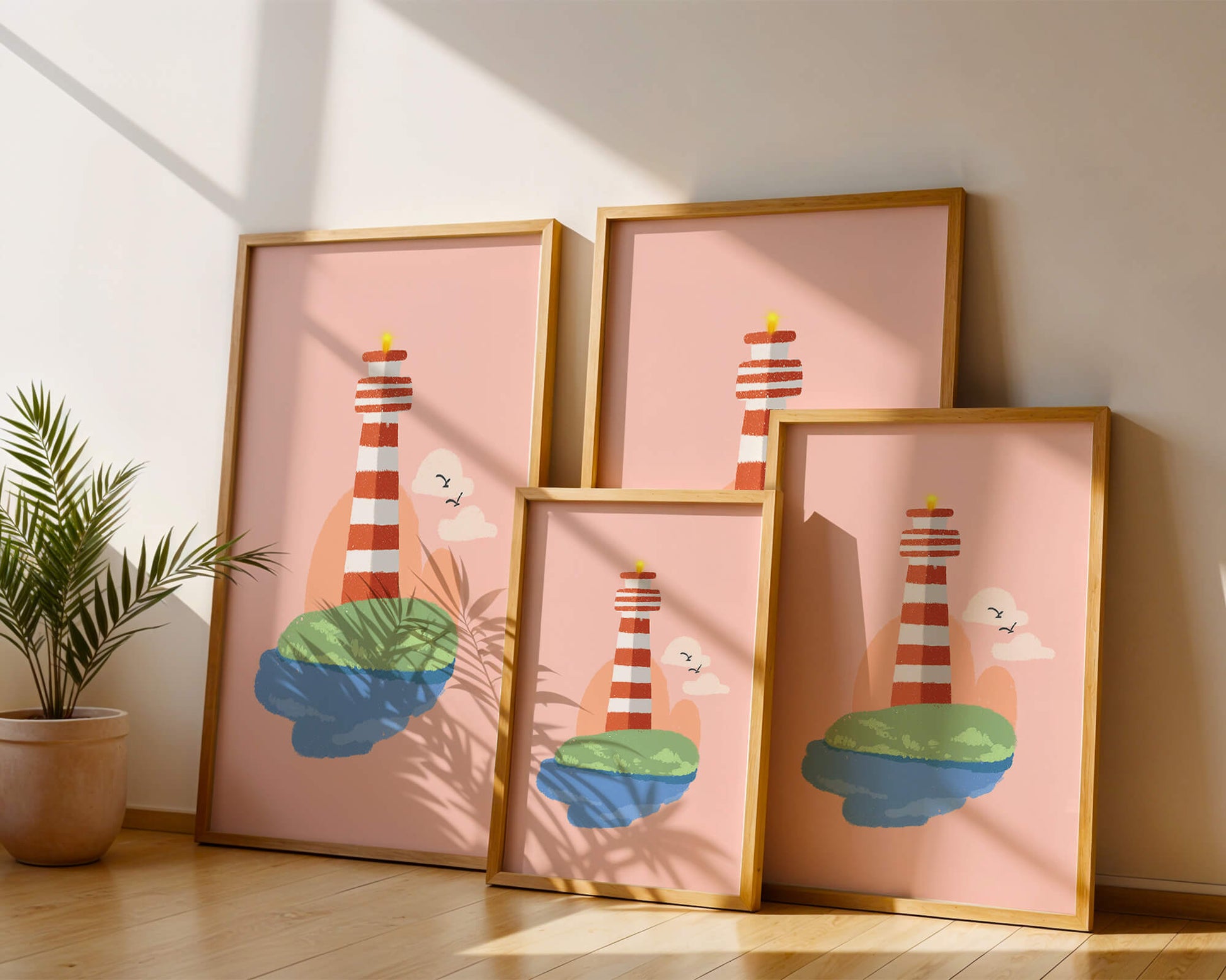 Ilustración encantadora de un faro con un entorno costero tranquilo