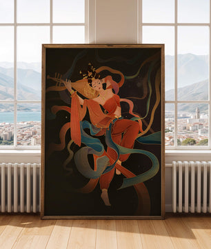 Elegant depiction of a goddess playing a lute with flowing ribbons