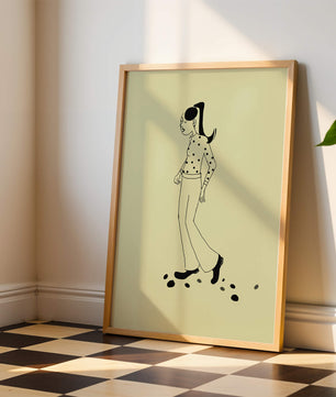 Illustration d'une personne marchant en chemise à pois avec une queue de cheval
