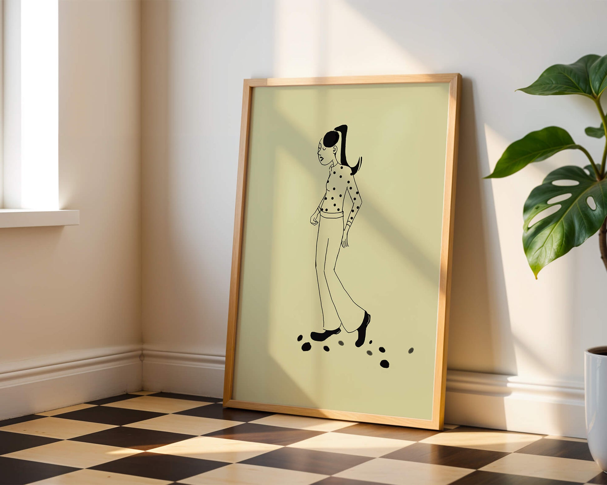 Illustration of a person walking in a polka dot shirt with ponytail