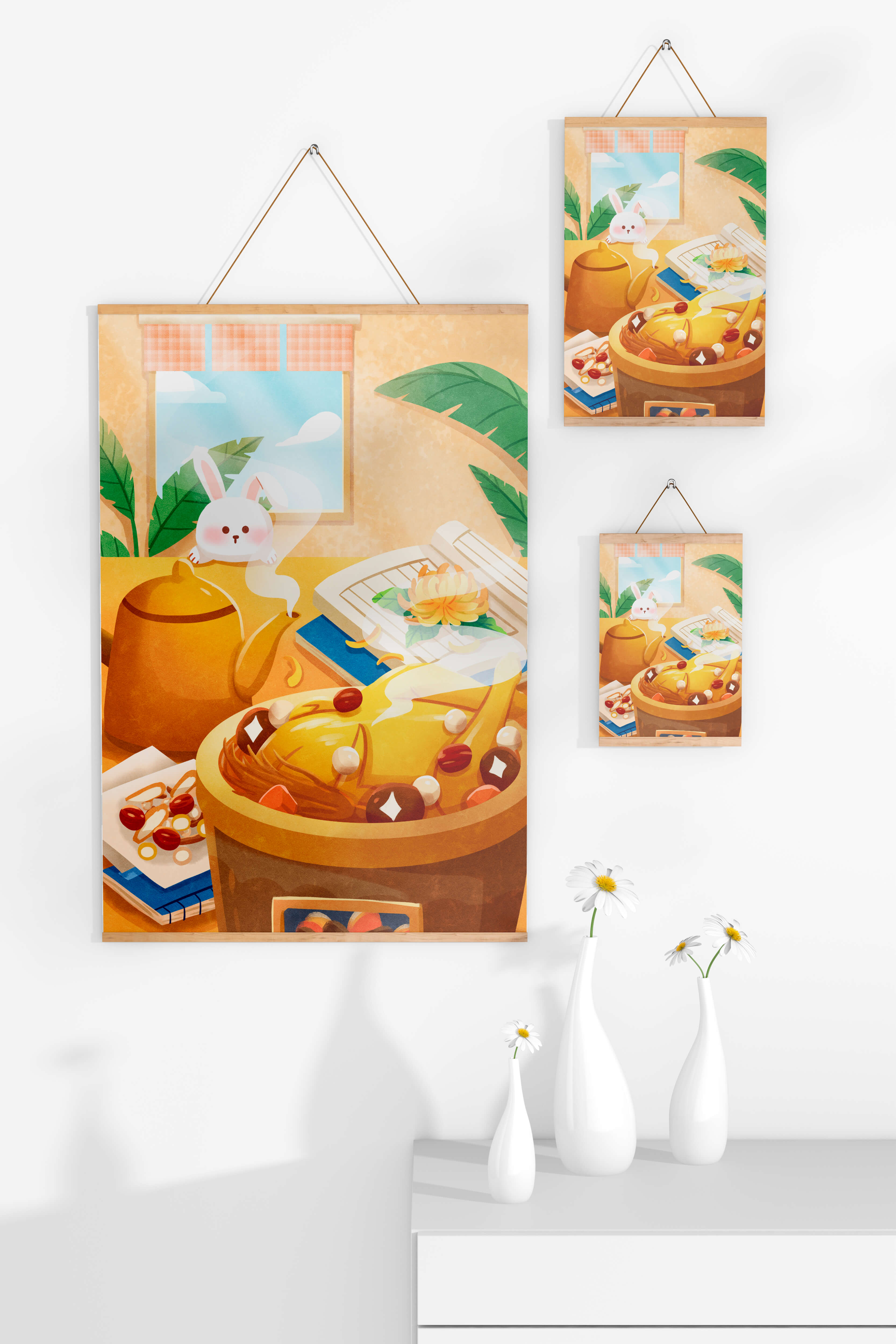 Cozy kitchen scene with cute bunny, teapot, and golden dessert