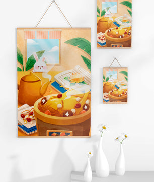 Cozy kitchen scene with cute bunny, teapot, and golden dessert