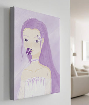 Ilustración de una mujer con cabello morado y mariposas