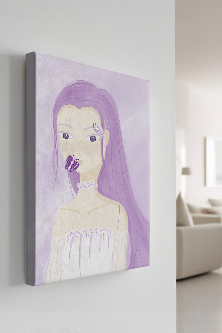 Illustration of a woman with purple hair and butterflies