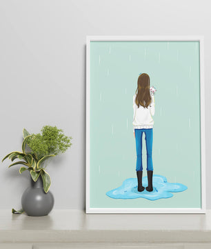 Joven mujer con gato bajo la lluvia