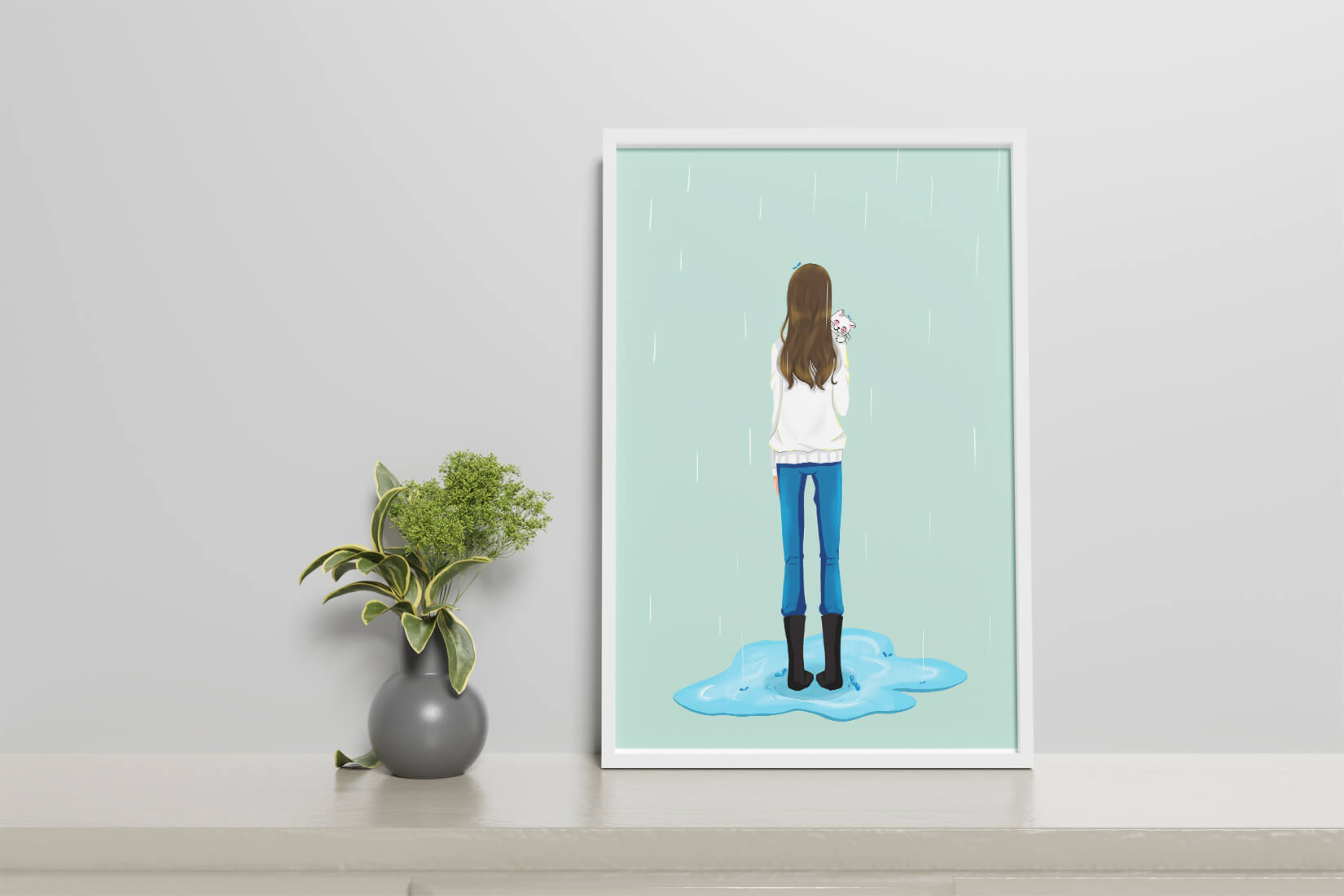 Young woman with cat in the rain