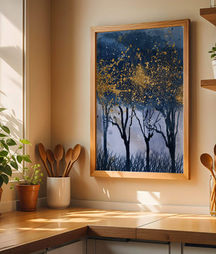 Mystical forest landscape with gold splatter art