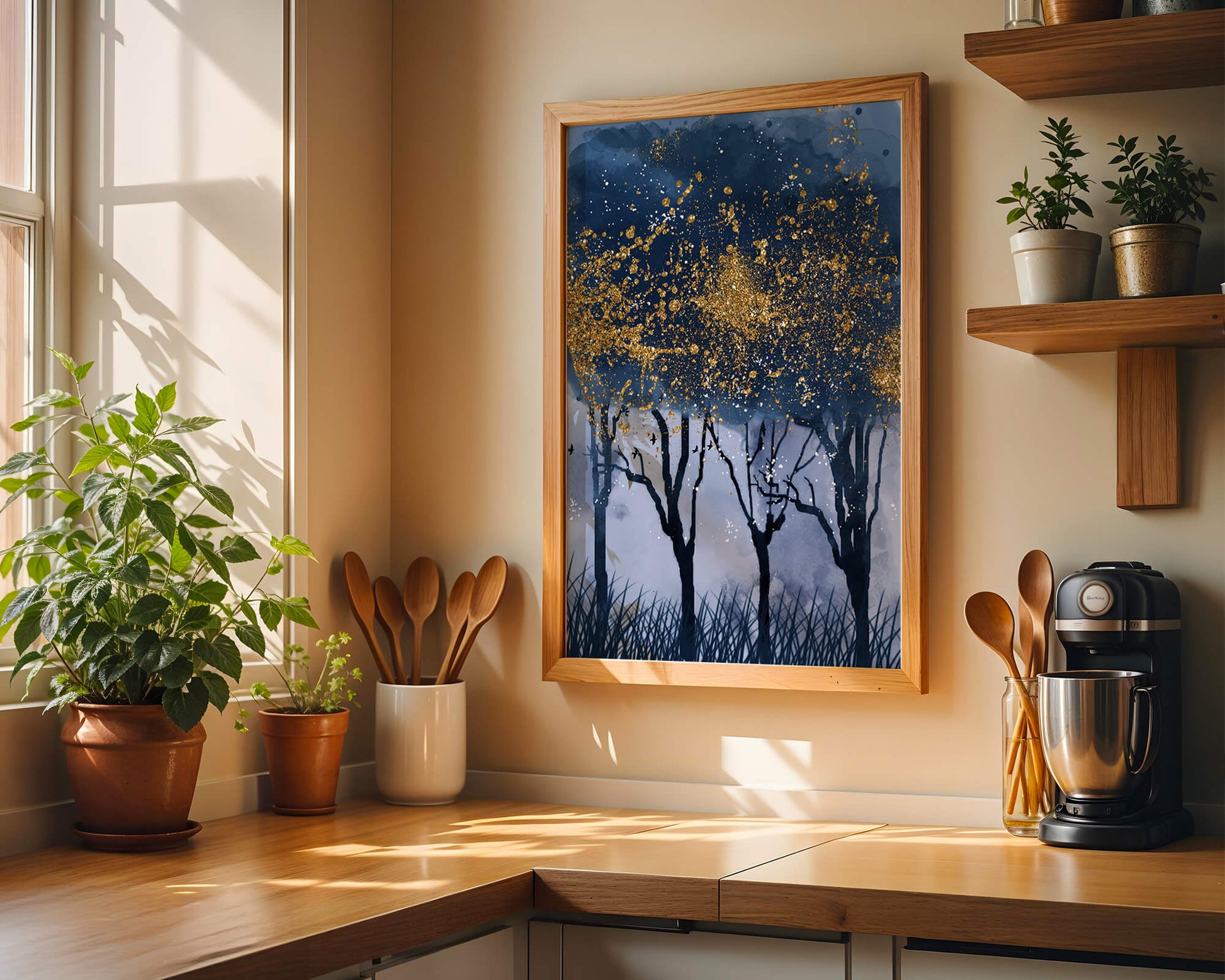Mystical forest landscape with gold splatter art
