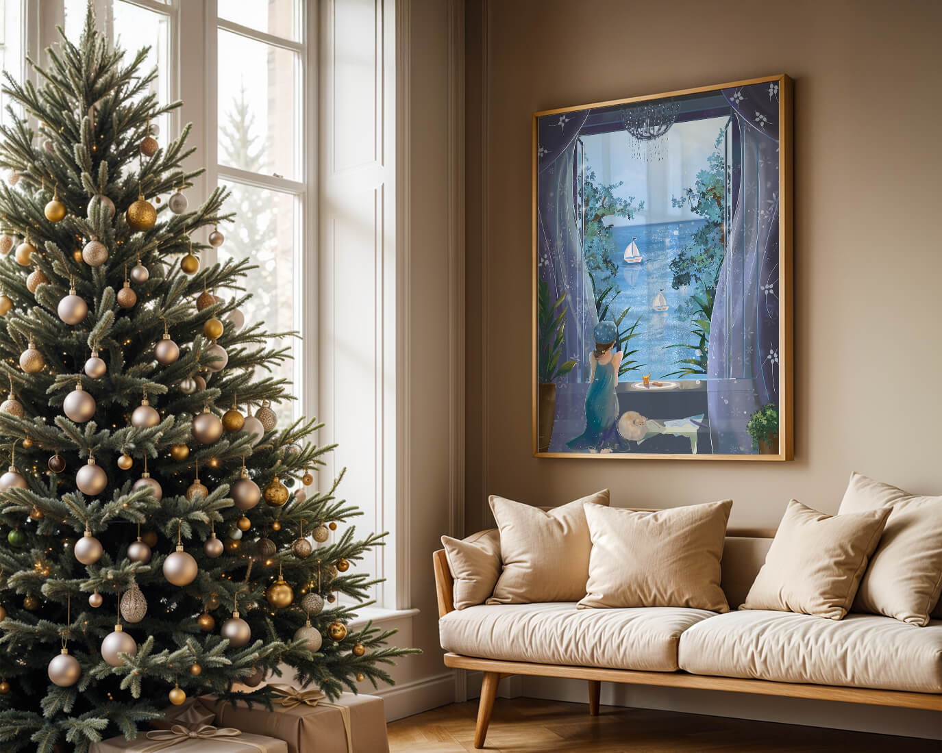 Peaceful Seaside View Through Open Window with Girl and Cat