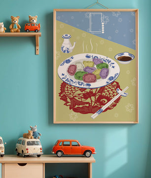 Colorful dumplings and tea set on decorative mat