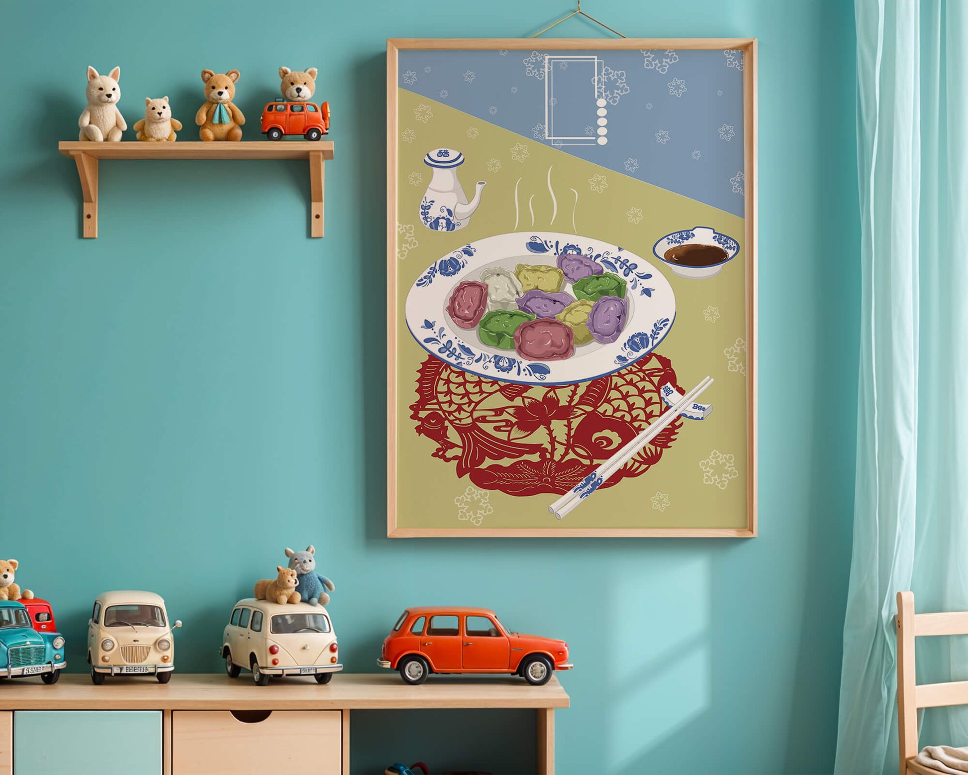 Colorful dumplings and tea set on decorative mat