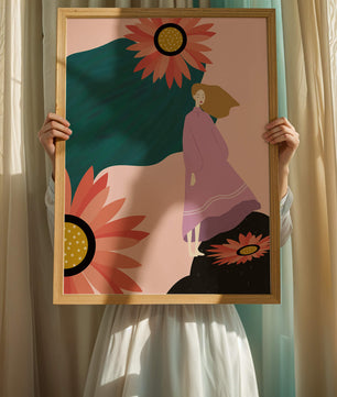 Stylized illustration of woman with vibrant floral elements