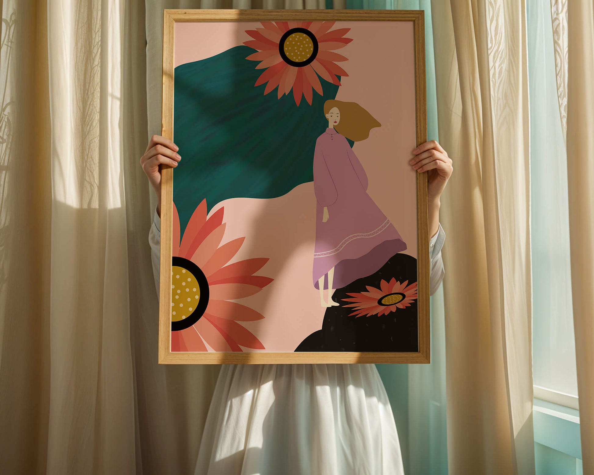 Stylized illustration of woman with vibrant floral elements