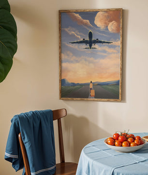 Serene airport departure with airplane and traveler at sunset