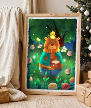 Charming bear in a colorful garden with flowers and fireflies