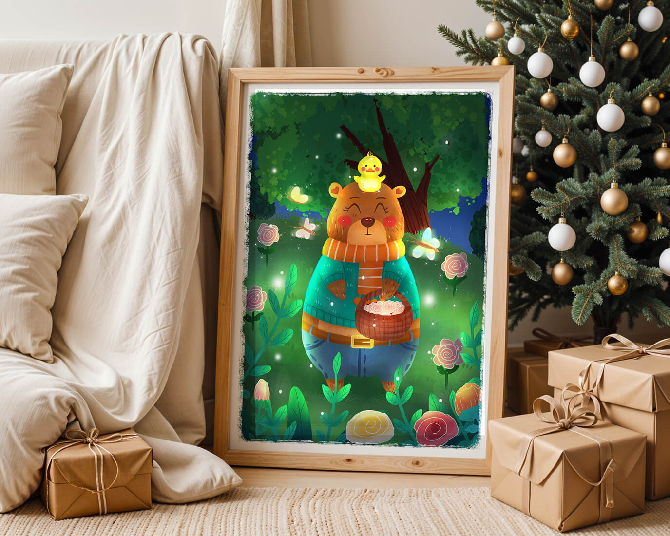 Charming bear in a colorful garden with flowers and fireflies