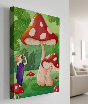 Playful illustration of a child with oversized mushrooms in a whimsical forest setting