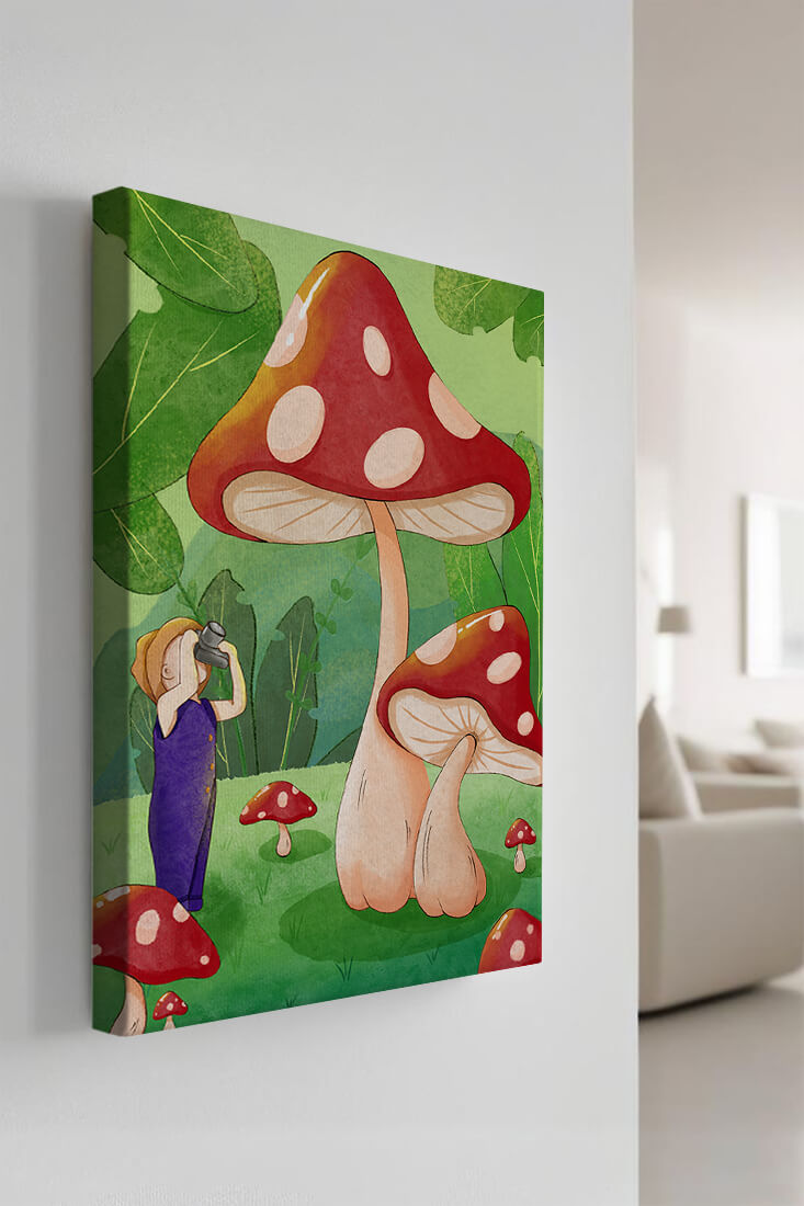 Playful illustration of a child with oversized mushrooms in a whimsical forest setting