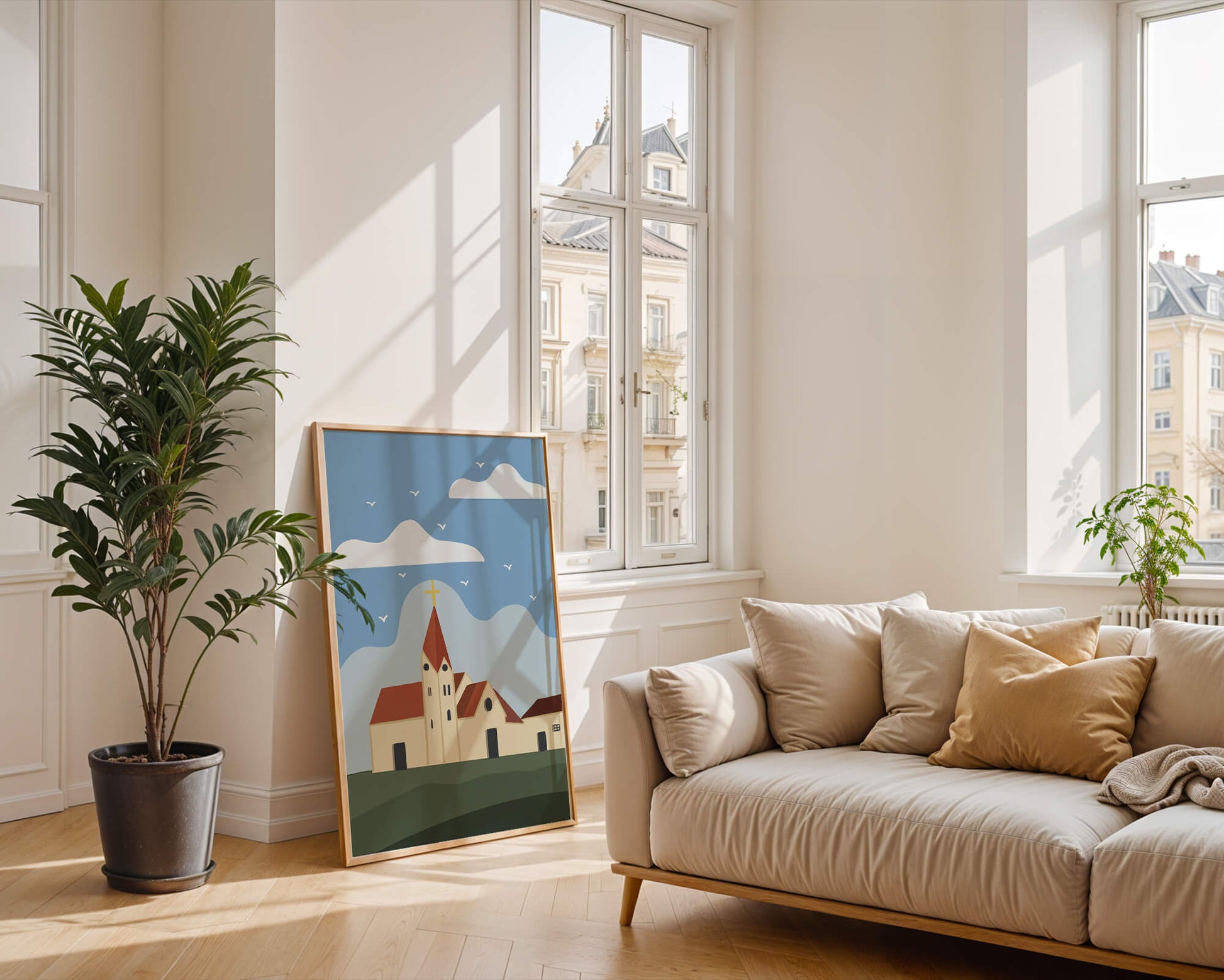 Paisaje idílico de iglesia con cruz dorada y cielo azul