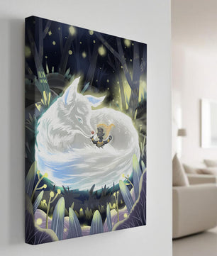 Scène de forêt fantaisiste avec un loup endormi et une silhouette mystérieuse la nuit