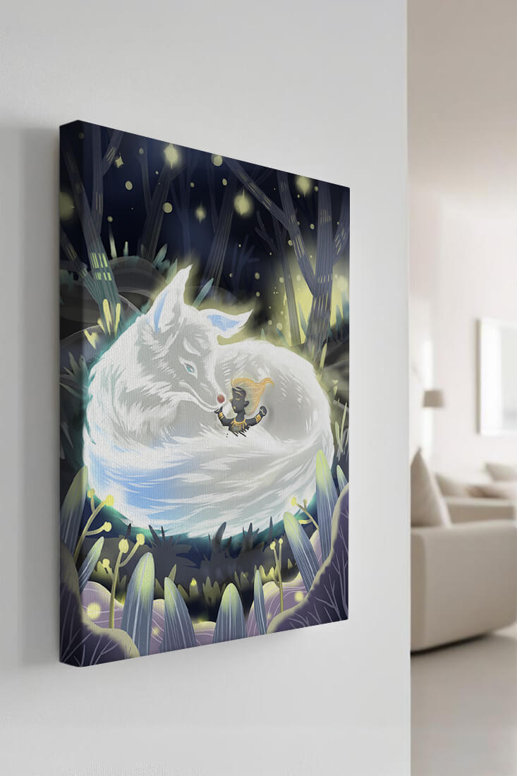 Whimsical forest scene with a sleeping wolf and a mysterious figure at night