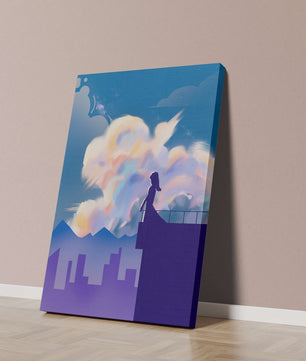 Silhouette of a woman on rooftop against a dreamy sky with colorful clouds