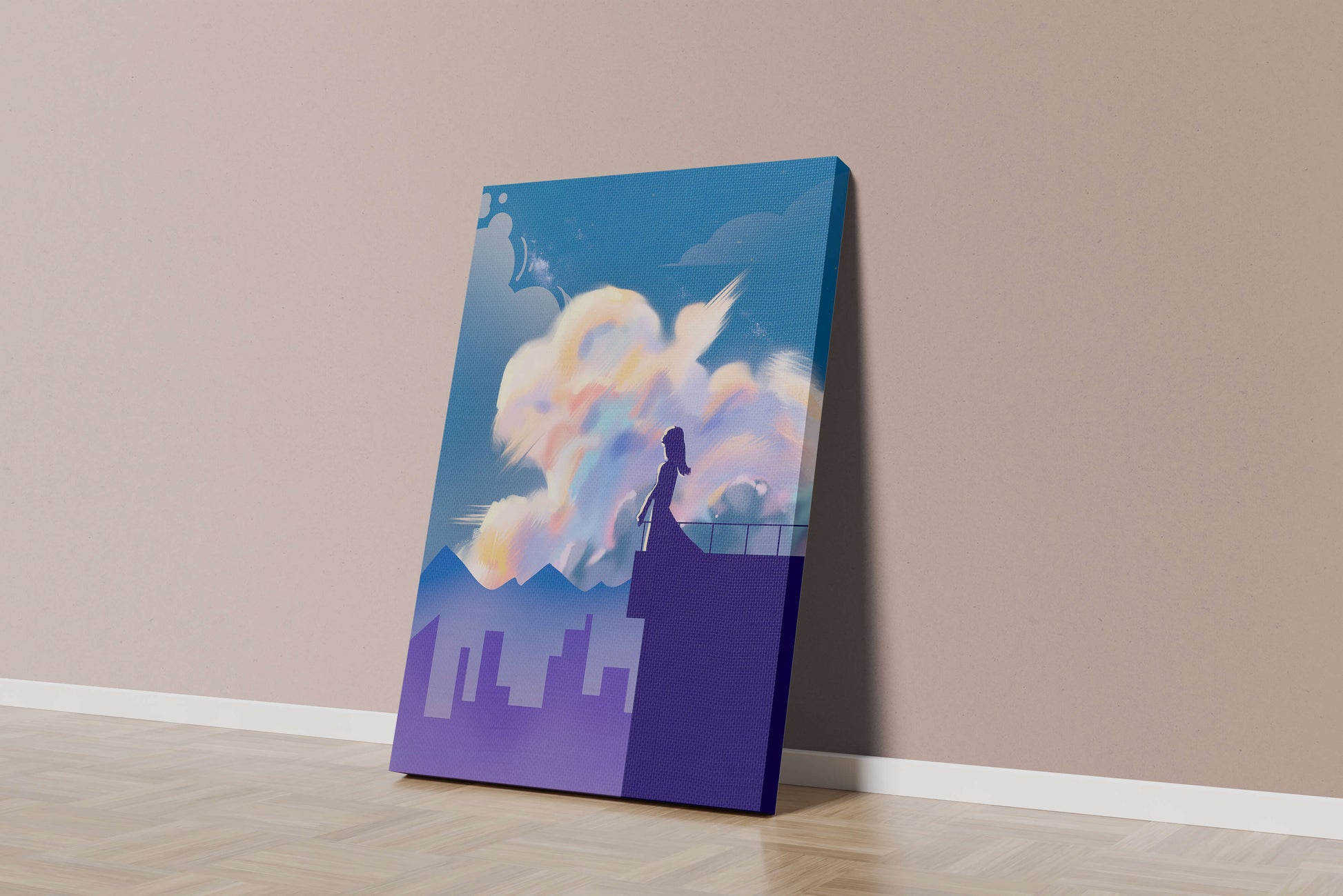 Silhouette of a woman on rooftop against a dreamy sky with colorful clouds