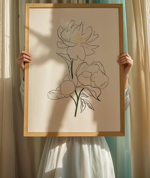 Elegante Pfingstrosen-Linienkunst mit goldenen Akzenten