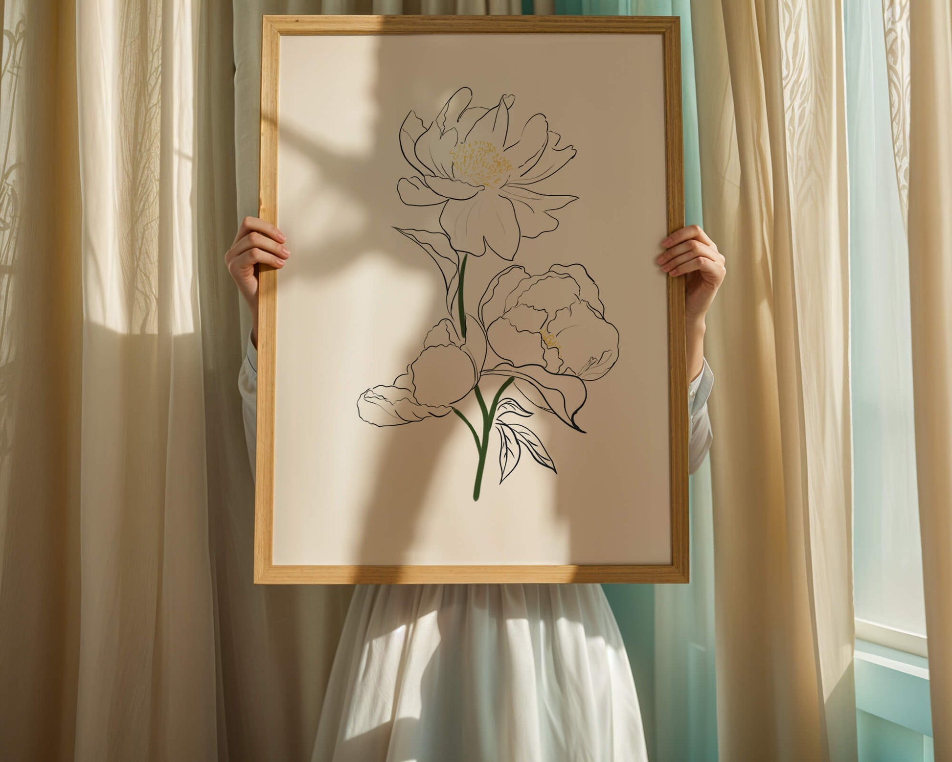 Elegante Pfingstrosen-Linienkunst mit goldenen Akzenten