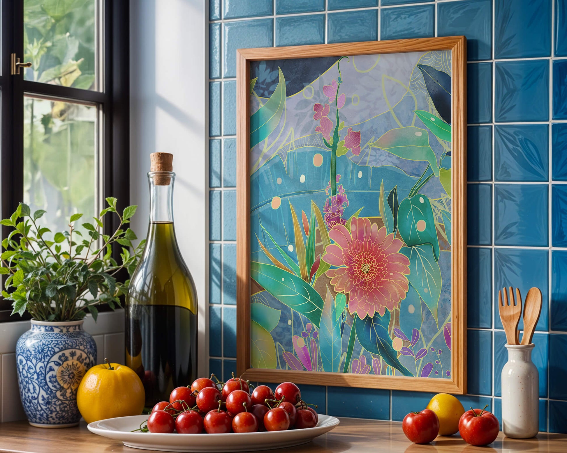 Kunst abstrak bunga yang berwarna-warni dengan bunga dan daun yang cerah
