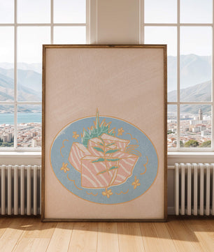 Ilustración de rodajas de sushi fresco en un plato decorativo