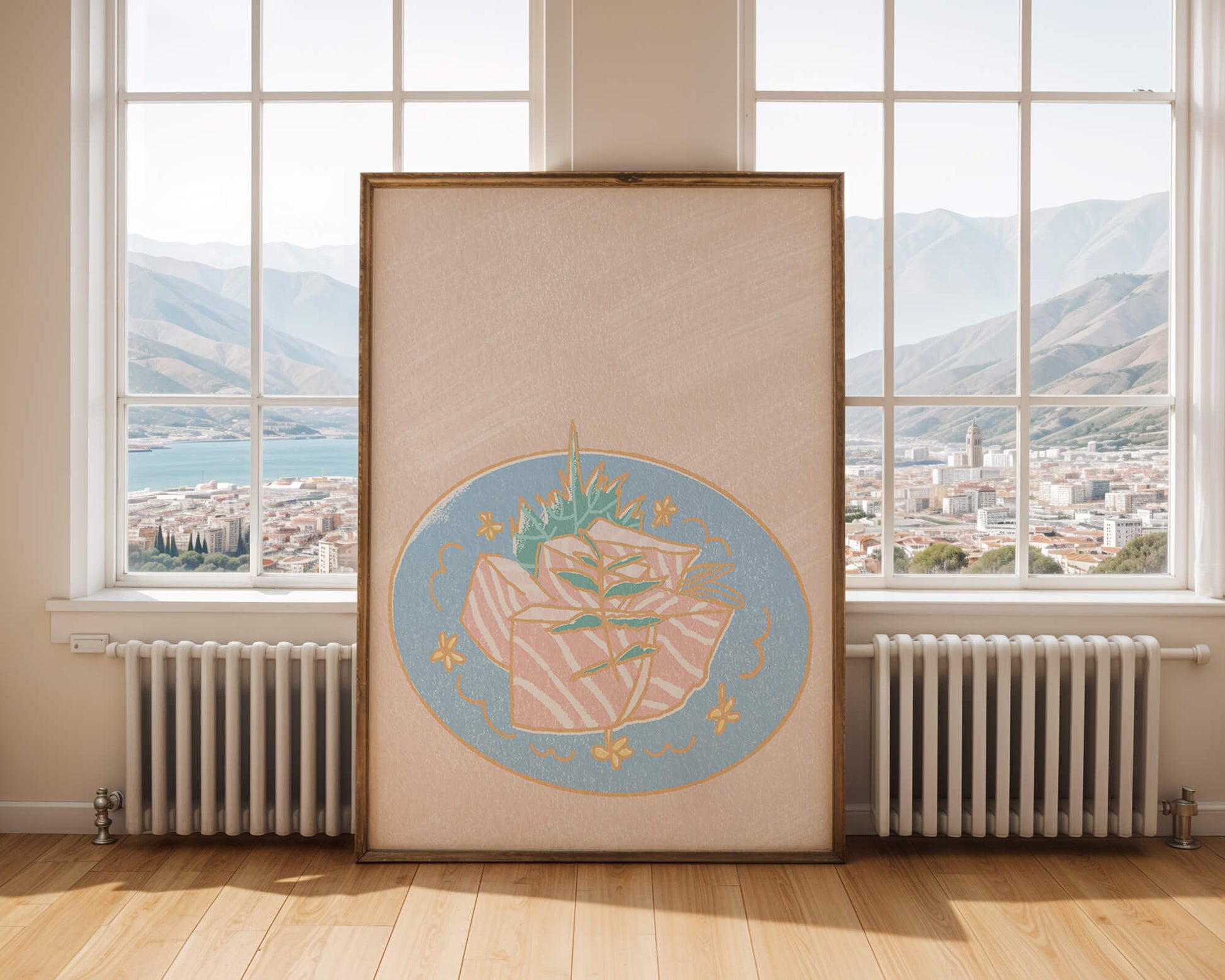 Ilustración de rodajas de sushi fresco en un plato decorativo