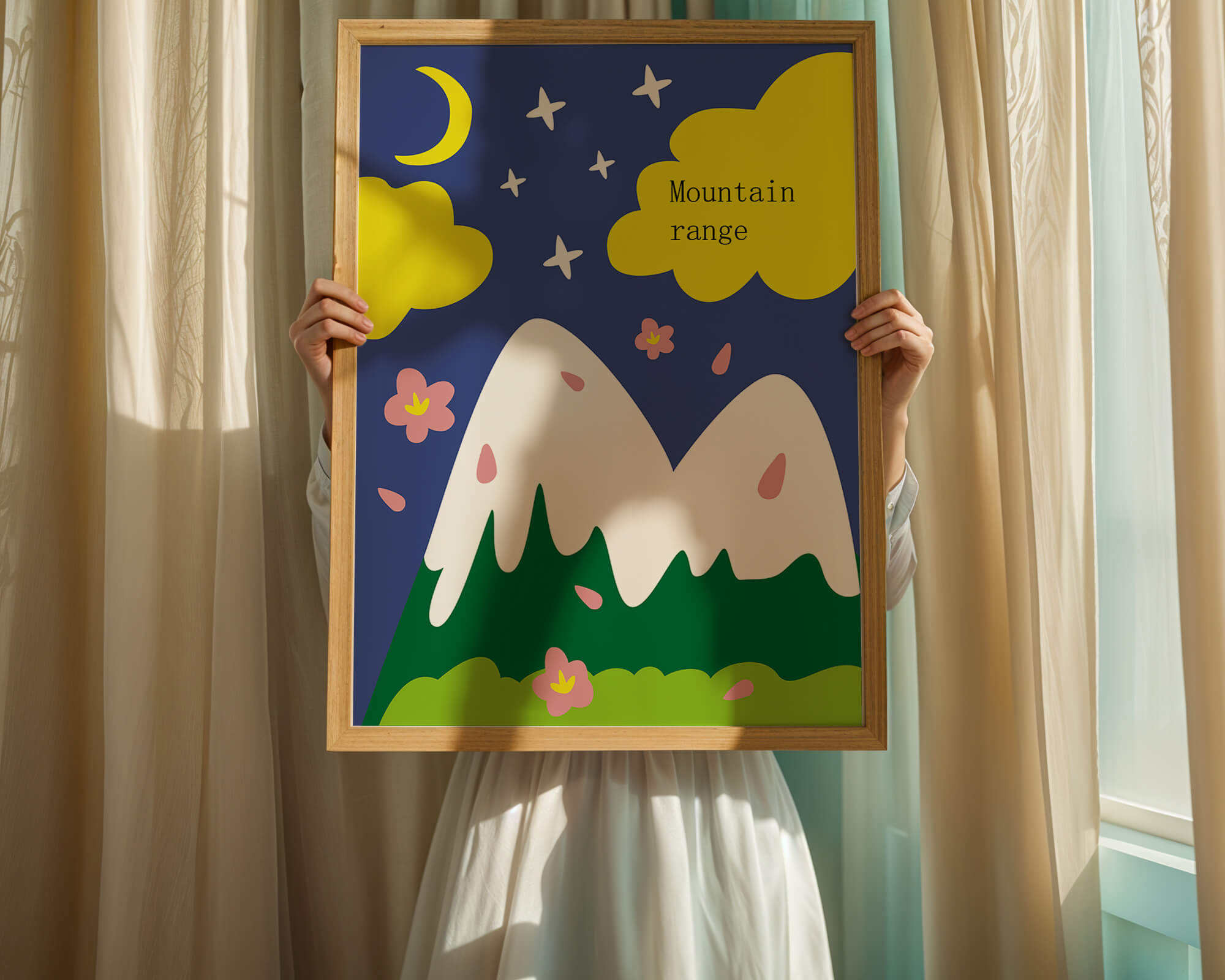 Stylized mountain landscape with starry night background and vibrant clouds