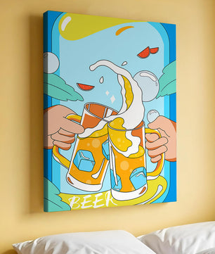 Colorful Illustration of Two Clinking Beer Mugs with Ice Cubes and Citrus Slices