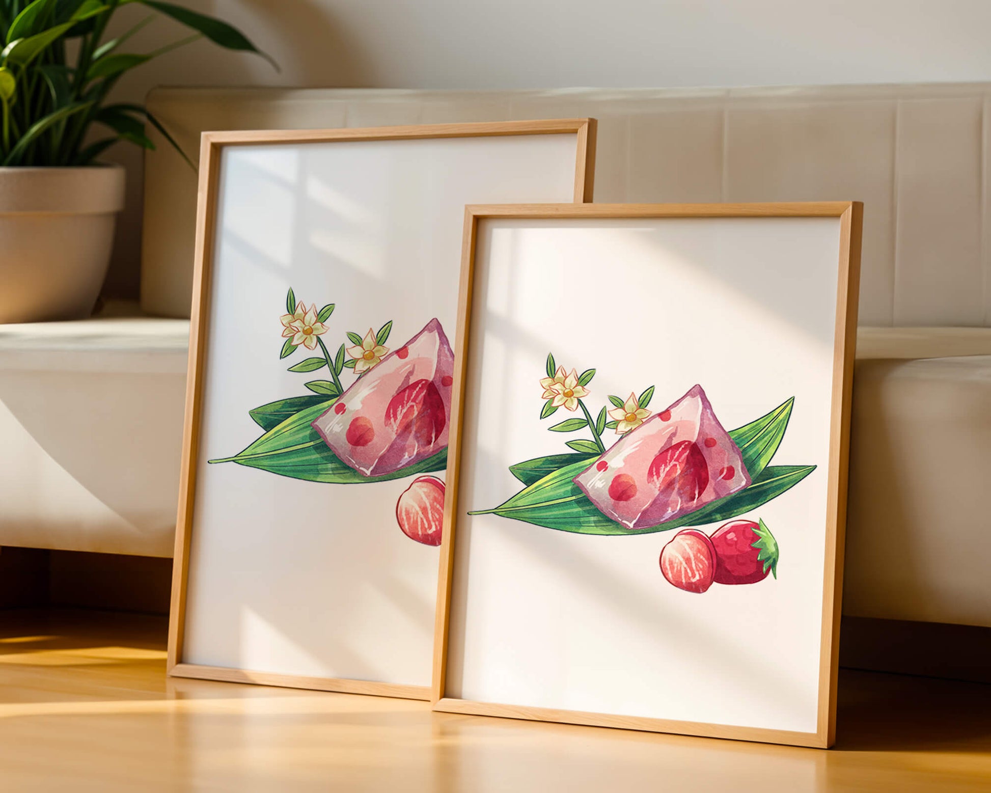 Delicate jelly dessert with strawberries and floral arrangement