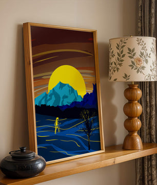 Paisaje surrealista con una puesta de sol vibrante y silueta