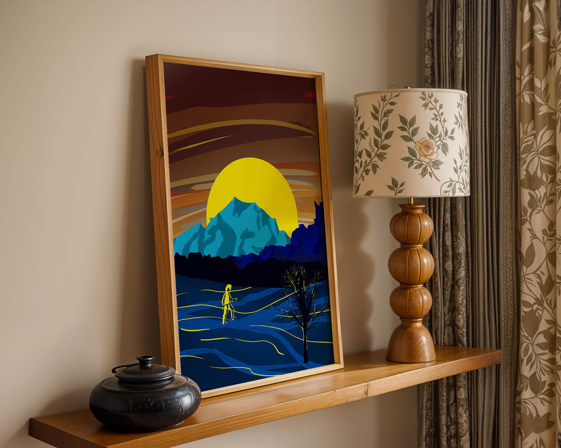 Surreal landscape with a vibrant sunset and silhouette
