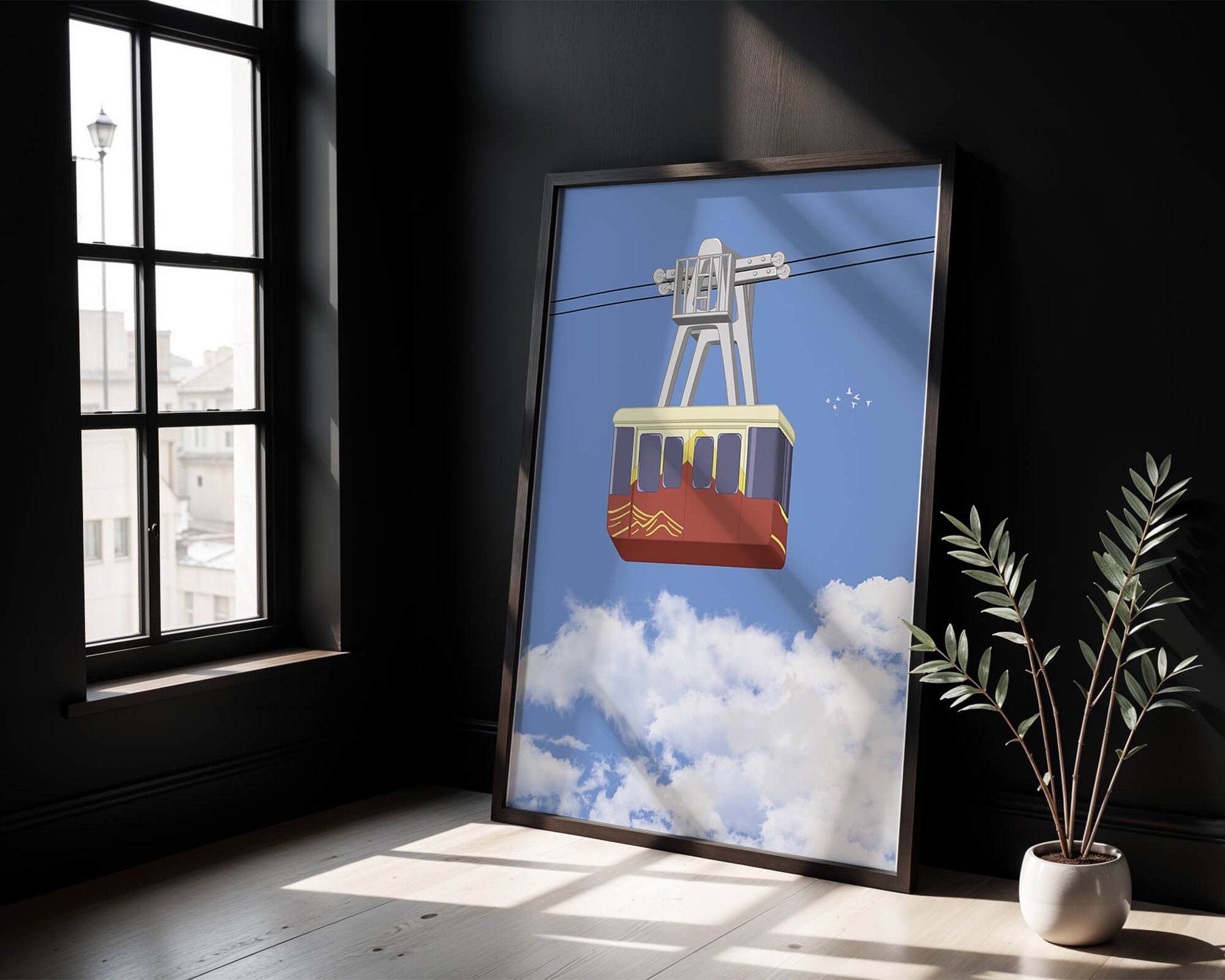 Colorful cable car against a clear blue sky