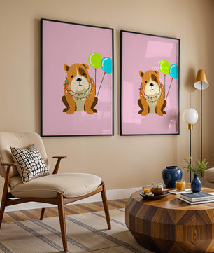 Perro de dibujos animados adorable con luces festivas y globos coloridos sobre fondo rosa