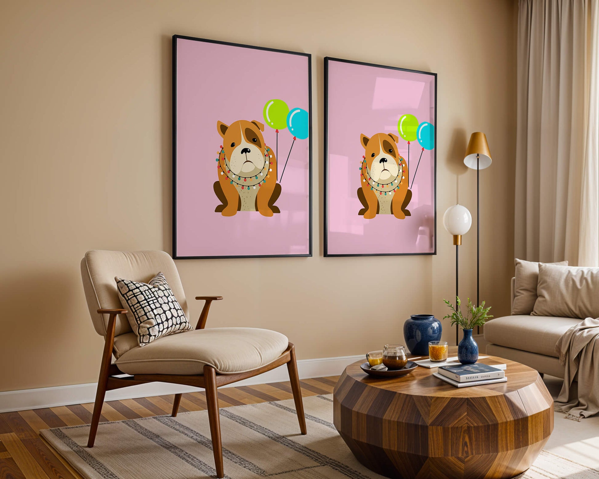 Perro de dibujos animados adorable con luces festivas y globos coloridos sobre fondo rosa