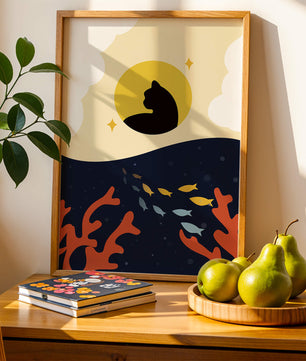 Ruhiges abstraktes Design mit Katzensilhouette und lebendiger Unterwasserszene