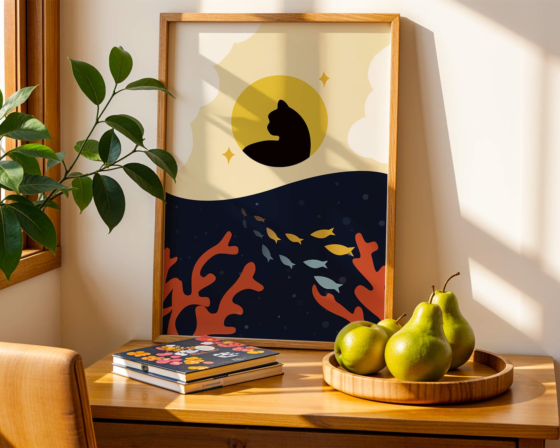 Ruhiges abstraktes Design mit Katzensilhouette und lebendiger Unterwasserszene