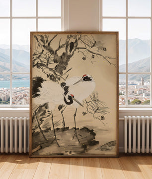 Traditional Japanese Painting of Cranes with Pine Tree and Gold Details