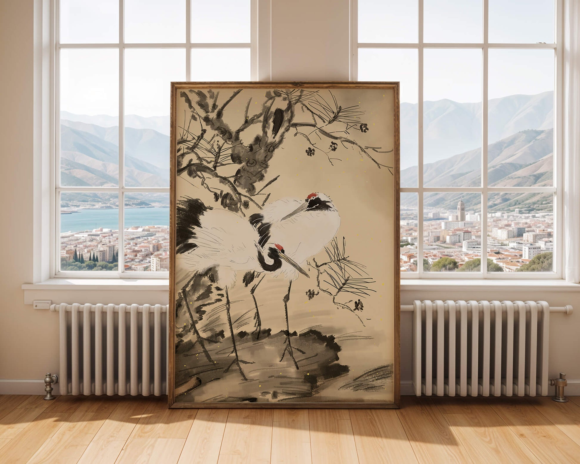 Pintura tradicional japonesa de grullas con pino y detalles dorados
