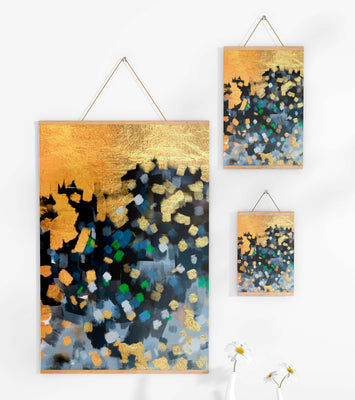 Abstract art with gold and colorful brushstrokes